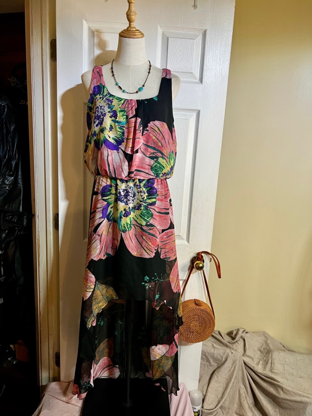 Snap Wms Floral‎ Chiffon Semi Sheer Asymmetric Boho Resort Tank Maxi Dress L